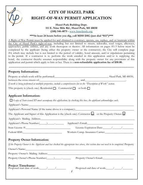 First page of the Right-of-Way Permit Application