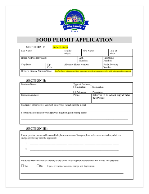 First page of the Food Permit Application