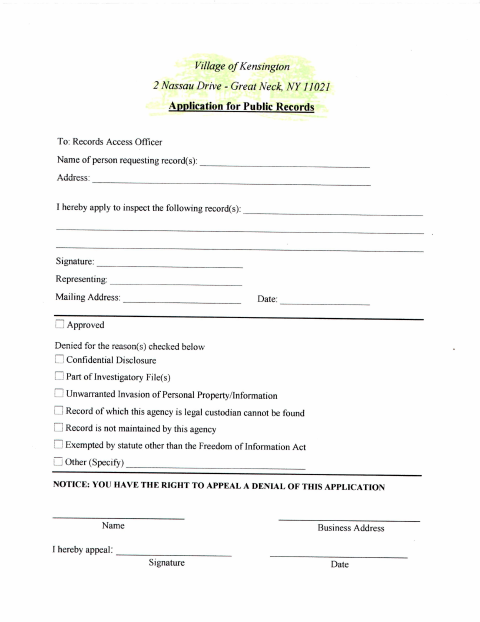 First page of the Application for Public Records