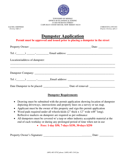 First page of the Dumpster Application