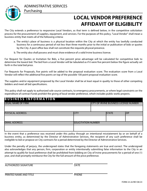 First page of the Local Vendor Preference Affidavit of Eligibility