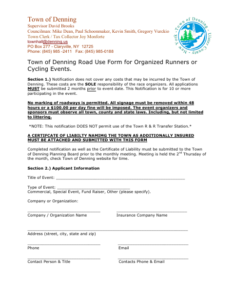 First page of the Road Use Form for Organized Runners or Cycling Events