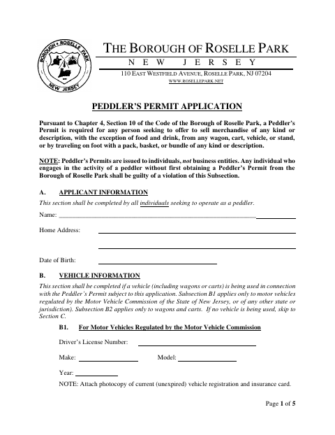 First page of the Peddler’s Permit Application