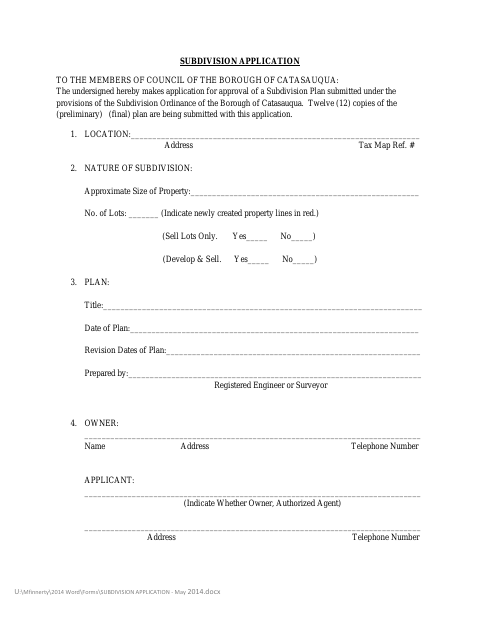 First page of the Subdivision Application