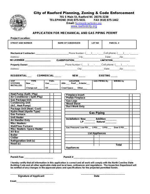 First page of the Mechanical and Gas Piping Permit Application