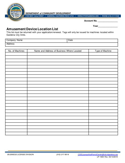 First page of the Amusement Device Location List