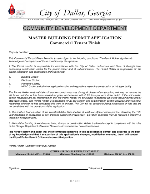 First page of the Master Commercial Tenant Finish Building Permit Application