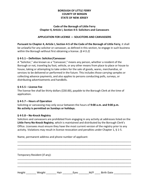 First page of the Solicitors and Canvassers License Application