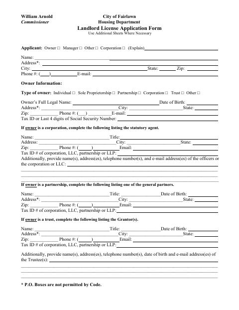 First page of the Landlord License Application Form