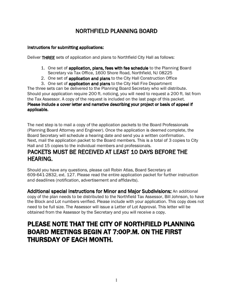 First page of the Planning Board Application