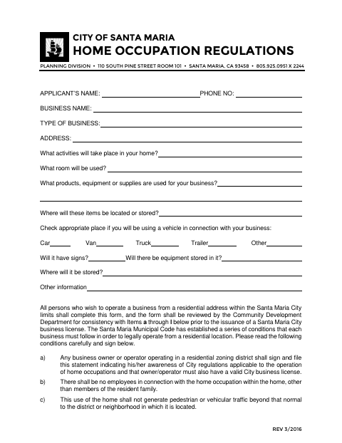 First page of the Home Occupation Regulations