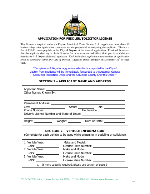 First page of the Peddler/Solicitor License Application
