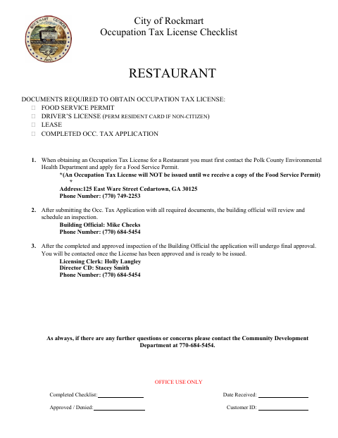 First page of the Restaurant Occupational Tax License Application (Private Employer Affidavit)