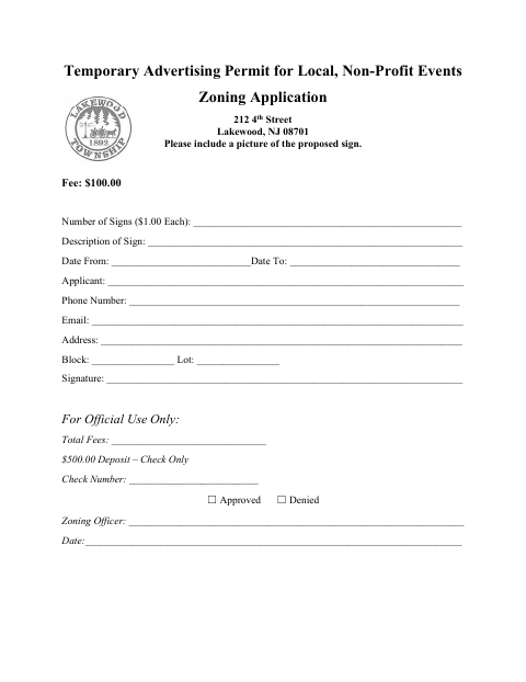 First page of the Temporary Advertising Permit for Local Non-Profit Events Zoning Application