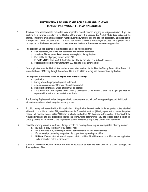 First page of the Planning Board Sign Application and Instructions