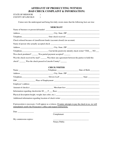 First page of the Bad Check Complaint Affidavit