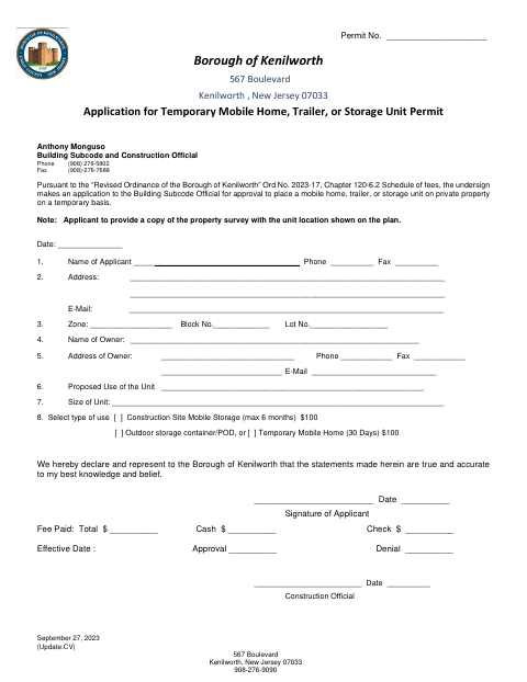 First page of the Application for Temporary Mobile Home, Trailer, or Storage Unit Permit