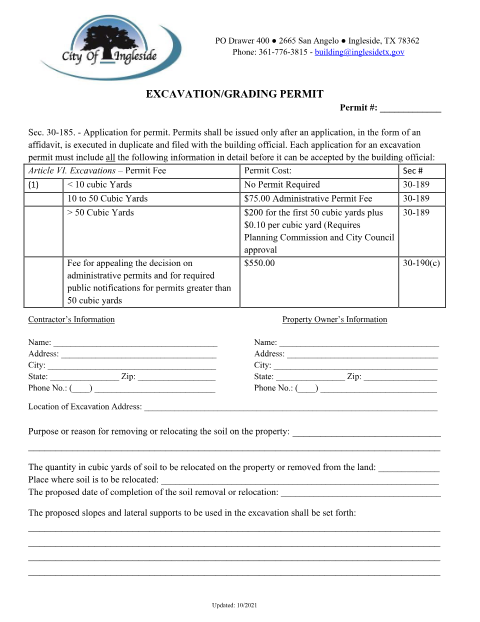 First page of the Excavation/Grading Permit Application