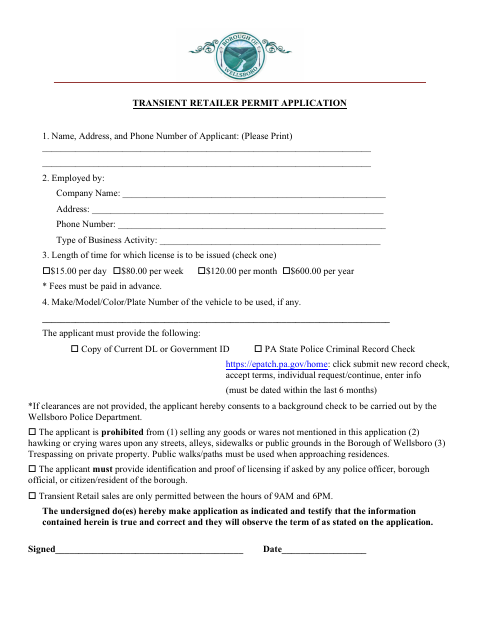 First page of the Transient Retailer Permit Application