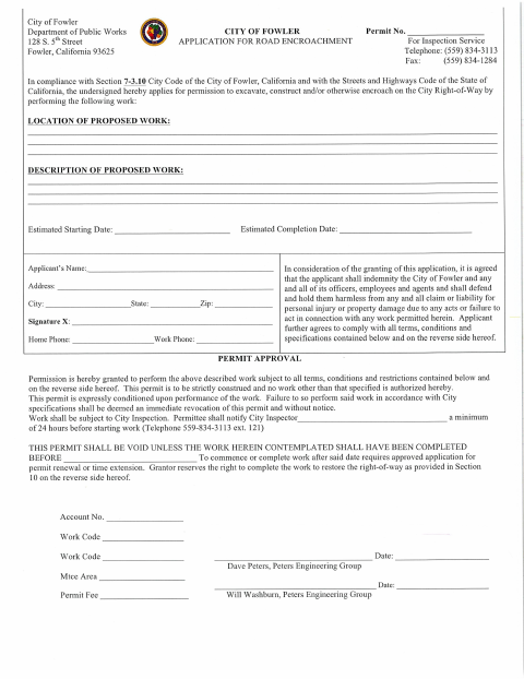 First page of the Road Encroachment Application (2018)