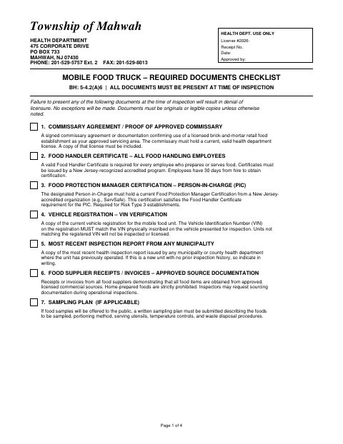 First page of the Temporary Food License Application