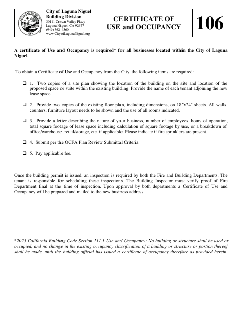 First page of the Certificate of Use and Occupancy Application