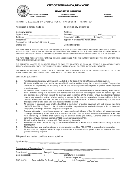 First page of the Permit to Excavate or Open Cut on City Property