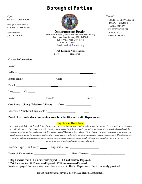 First page of the Pet License Application