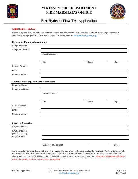 First page of the Fire Hydrant Flow Test Application