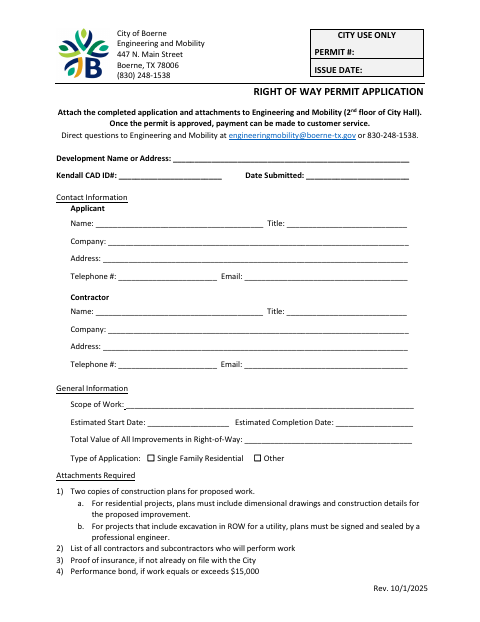First page of the Right of Way Permit Application