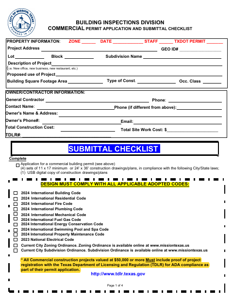 First page of the Commercial Permit Application and Submittal Checklist