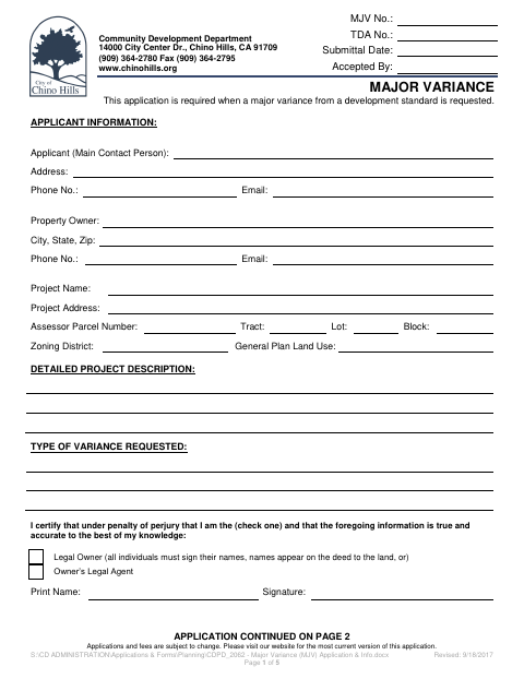 First page of the Major Variance Application