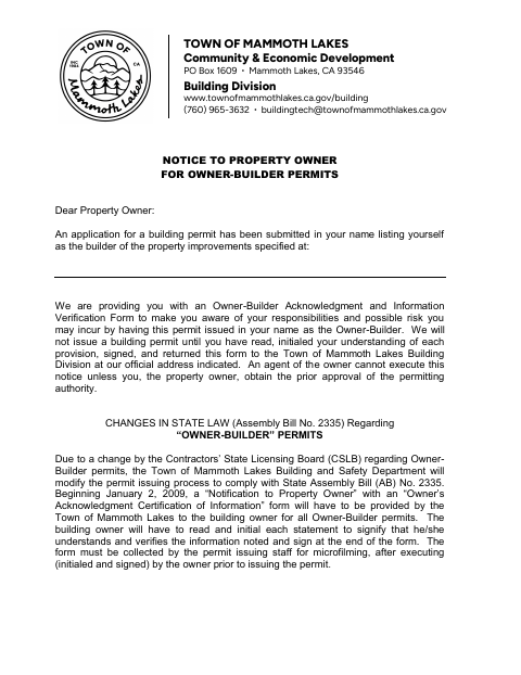First page of the Notice to Property Owner for Owner-Builder Permits