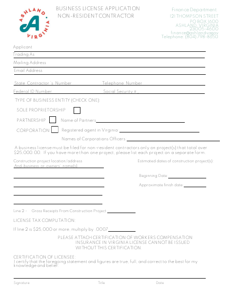 First page of the Non-Resident Contractor Business License Application