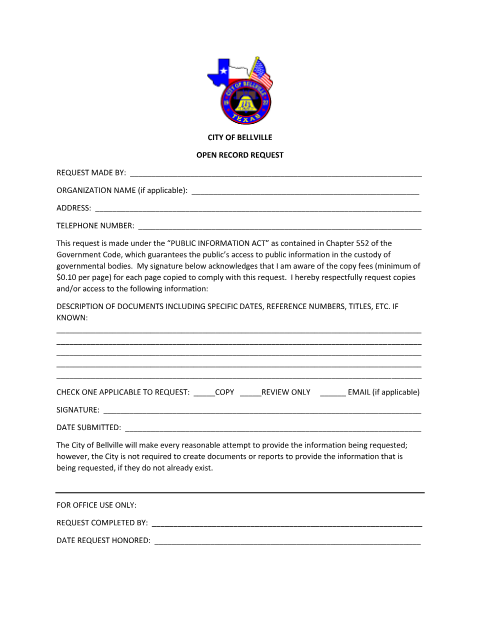 First page of the Open Records Request Form