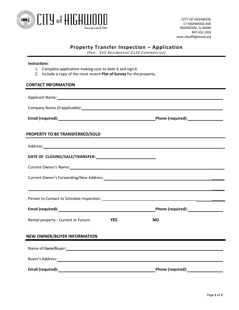 First page of the Property Transfer Inspection Application