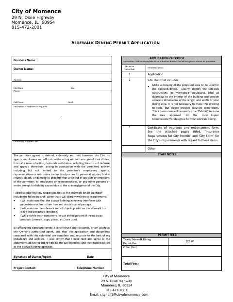 First page of the Sidewalk Dining Permit Application