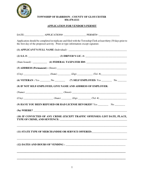 First page of the Application for Vendor’s Permit