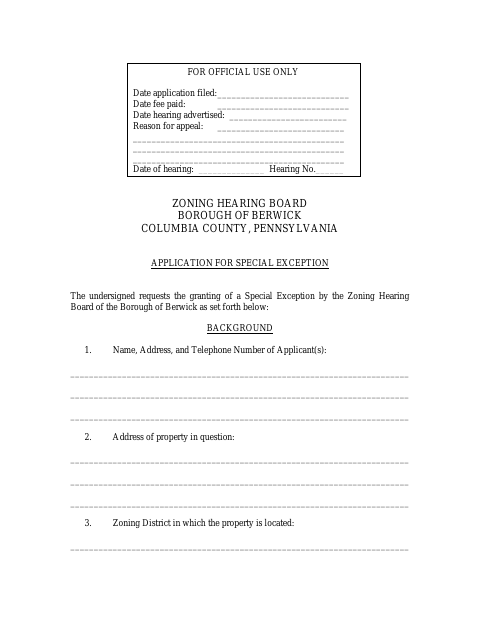 First page of the Application for Special Exception