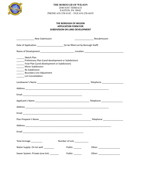 First page of the Application Form for Subdivision or Land Development