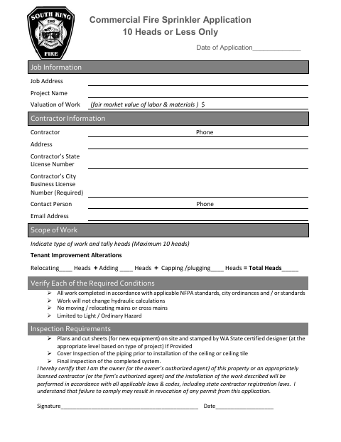 First page of the Commercial Fire Sprinkler Application 10 Heads or Less Only