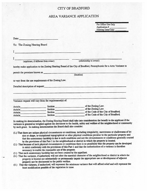First page of the Area Variance Application
