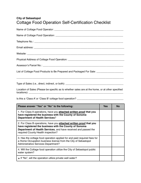 First page of the Cottage Food Operation Self-Certification Checklist
