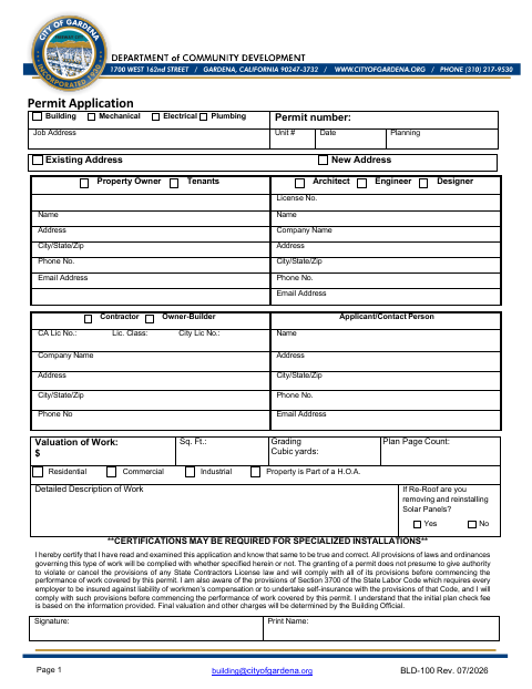 First page of the Building, Mechanical, Electrical, and Plumbing Permit Application