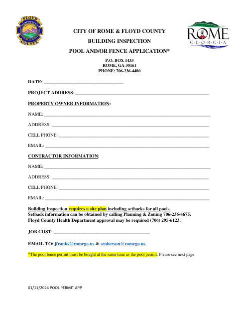 First page of the Pool And/Or Fence Application