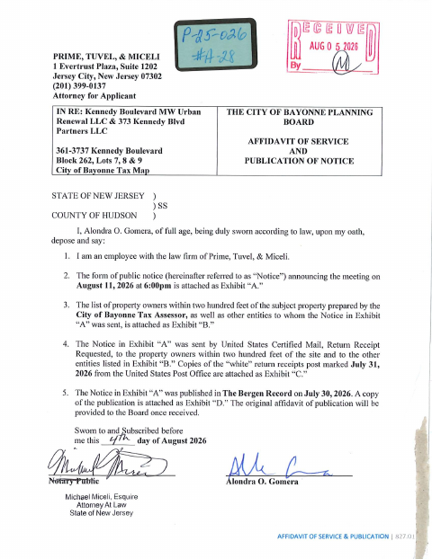 First page of the Planning Board Affidavit of Service and Publication of Notice