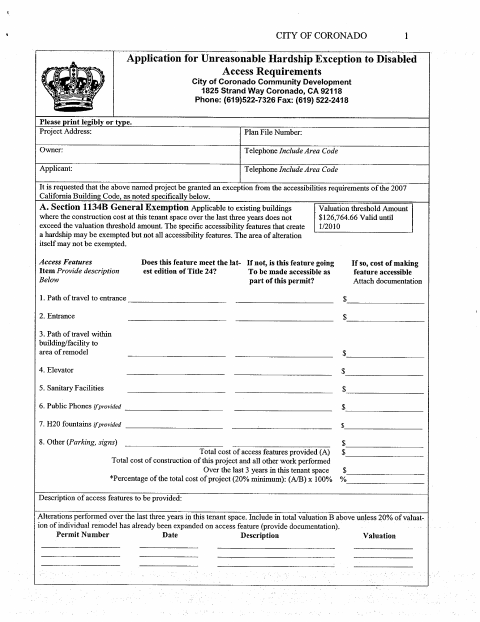 First page of the Application for Unreasonable Hardship Exception to Disabled Access