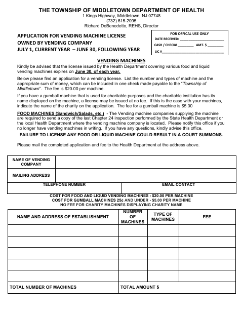 First page of the Application for Vending Machine License