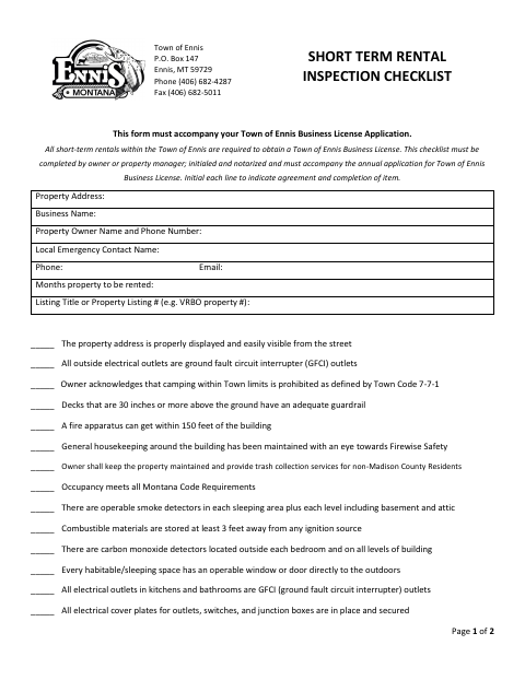 First page of the Short-Term Rental Inspection Checklist