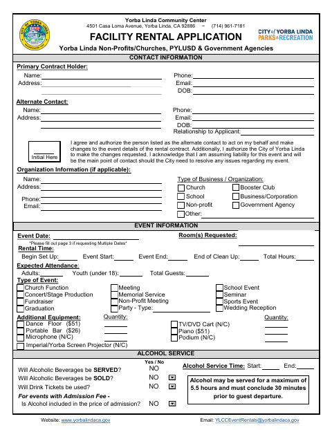 First page of the Community Center Non-Profit Rental Application